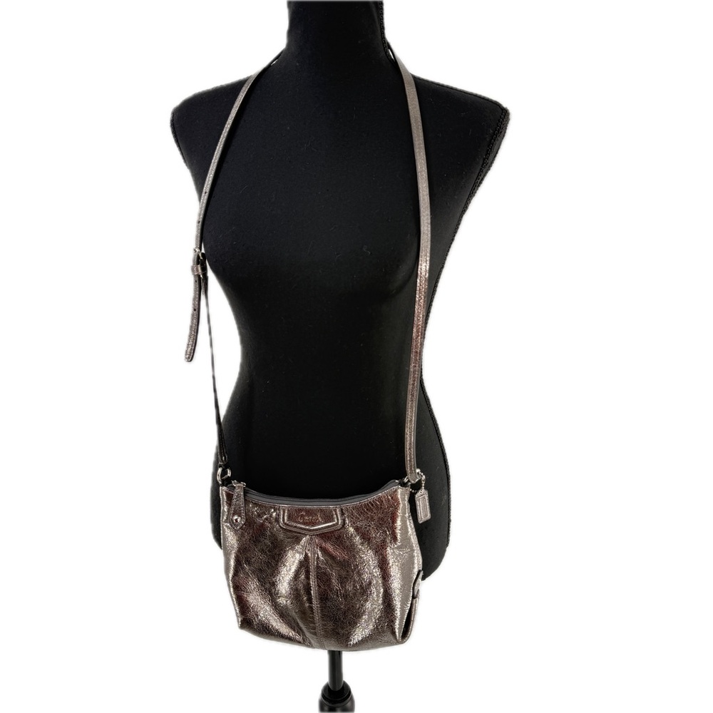 Coach Metallic Pewter Silver Patent Leather Crossbody Bag Poppy Scribble Logo